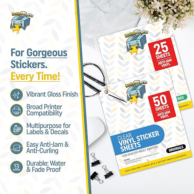 Clear Printable Vinyl for Inkjet Printer - For Epson - (Clear Sticker Paper | Waterproof | 25 Sheets) - Transparent Inkjet Printable Vinyl Sticker Paper Avoid Jams for Printers