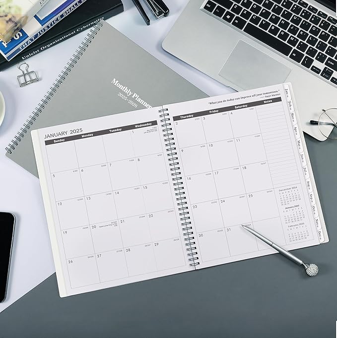 2025-2026 Monthly Planner/Calendar - 2 Year Planner 2025-2026, Monthly Tabs, 9’’ × 11’’, Jan. 2025 - Dec. 2026, Hard Cover, Inner Pocket - Grey