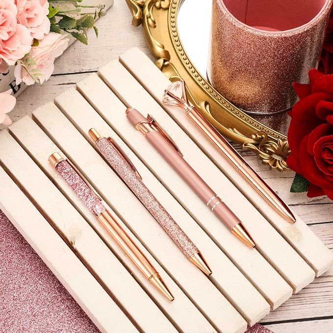 Sabary 8 Pcs Ballpoint Pens with Pen Holder for Desk Metal Crystal Diamond Pen Glitter Pencil Holder Fancy Pens Black Ink Bling Desk Organizer for Women Girls Office School Wedding Gifts (Rose Gold)