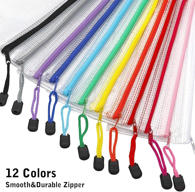 LABUK 42pcs Small Zipper Pouch, 9.5x4.3 Inches Mesh Zipper Pouches, 12 Colors Zipper Bags, Waterproof Plastic Zip Bags for Bill Stationary, Office Supplies Storage and Classroom
