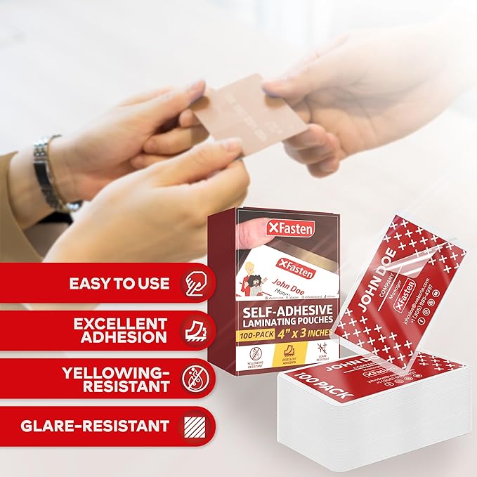 XFasten Self Seal Laminating Pouches Business Card Size 4-Inch x 3-Inch 100-Pack, 10 Mil Business Card Laminating Pouches Non-Yellowing Self Sealing Laminating Sheets Business Card Size