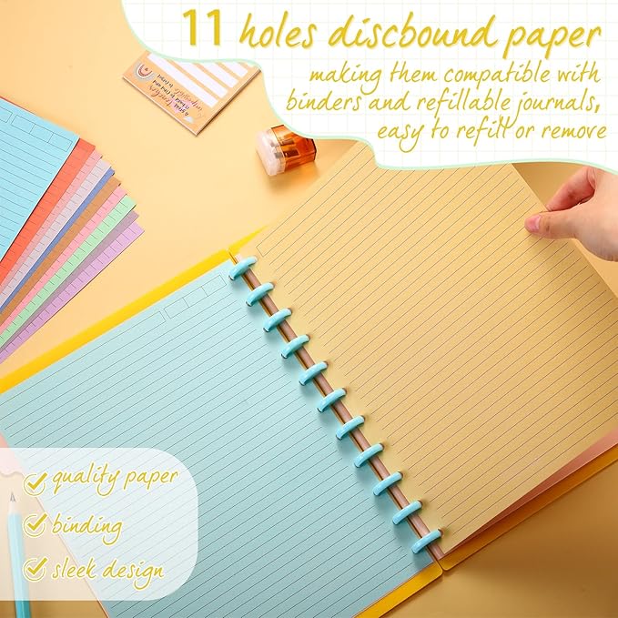PerKoop 12 Pack 480 Sheets Colored Discbound Refill Paper 8.5 x 11 Inch College Ruled 11 Disc Letter Size Lined Paper Multicolored Refill Notebooks Disc Paper for Refill Paper Journaling(Candy Color)