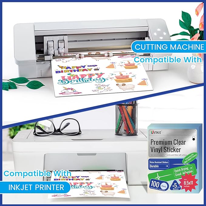 Uinkit 105Sheets Premium 90% Clear Vinyl Sticker Paper for Inkjet Printer - Include 100 Sheets Clear and 5Sheets Glossy Label Waterproof, Dries Quickly Vivid Colors, Holds Ink Well