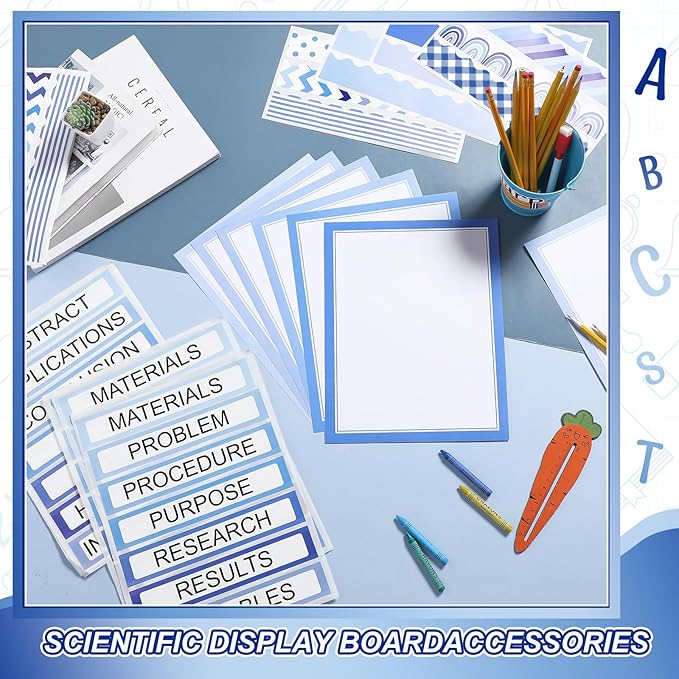 90 Pcs Science Fair Board Supplies 60 Trim Scalloped Bulletin Board Borders 24 Presentation Board Subtitles 6 Science Fair Titles for Classroom Display Boards (Blue Boho)
