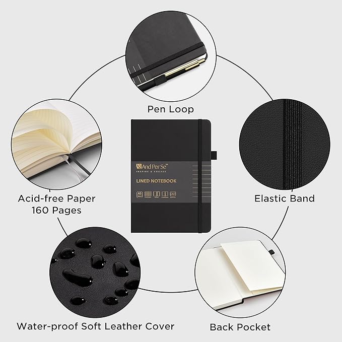 A5 Lined Leather Journal and Pen Set, Hardcover Notebook with Pen, 160 Pages 100gsm Thick Ruled Paper for Men Women, for Work, Business, School or Home Writing, 5.7'' x 8'' (Black-Set1)