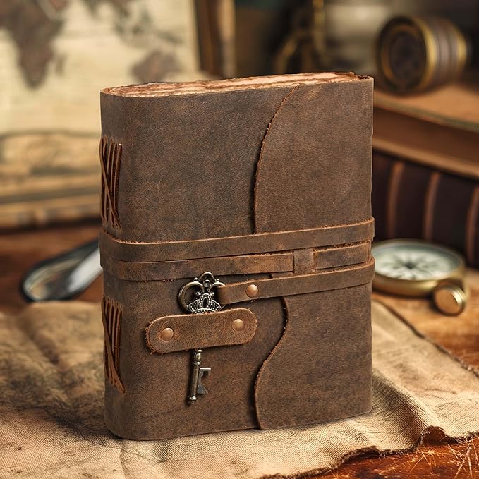 LEATHER VILLAGE Vintage Leather Journal – 200 Handmade Vintage Deckle Edge Paper – Leather bound Journal For Women Men – Vintage Key Closure - Book of Shadows - Chocolate Brown - 10X7 inches