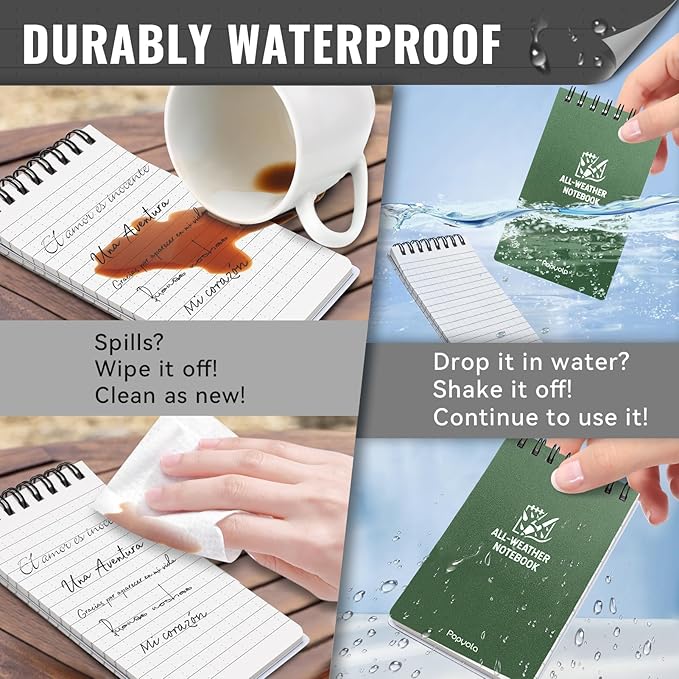 POPYOLA 4 Pack Waterproof Pocket Notebook, 3x5 Pocket Notepad, All Weather Mini Spiral Notepad, Write in the Rain Police Notepad with 100 Squared Pages for Outdoor Home Office School