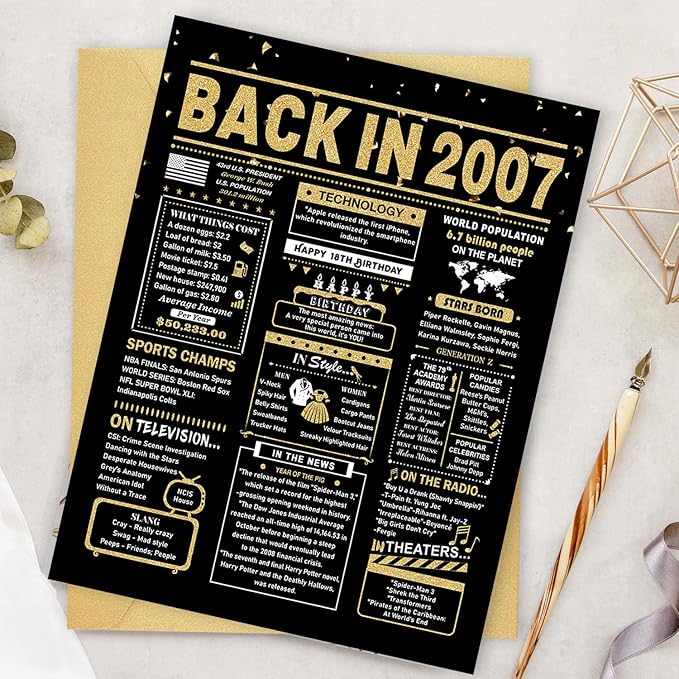 18th Birthday Card, 18th Birthday Decorations for Girls Boys, 18th Birthday Gifts for Son Daughter, Back in 2007 Birthday Card, Black Gold