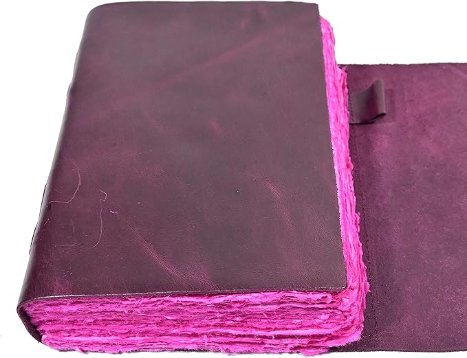 Vintage Purple Leather Journal - 200 Pages Pink Deckle Edge Rustic Paper - Unlined Pages Book of Shadows, Grimoire, Junk Scrapbook, Fantasy Medieval Gifts, Sketchbook (Mystical Purple, 9"x6")