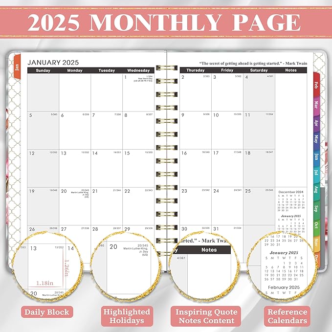 2025 Planner - 2025 Planner Weekly and Monthly with Tabs, Jan. 2025 - Dec. 2025, Calendar Planner 2025, 6.3" x 8.4", Hardcover with Back Pocket + Thick Paper - Pink Flower