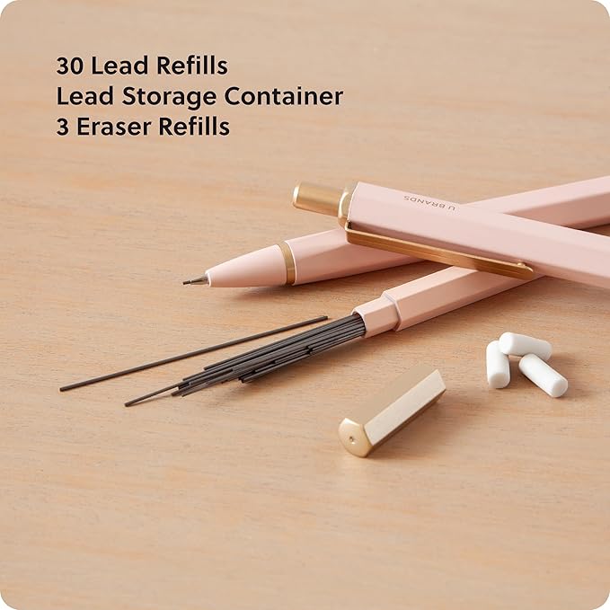 U Brands Cambria Mechanical Pencils, Set of 2, Blush Pink, Soft Touch, Medium (0.7 mm) Point, Lead and Eraser Refills
