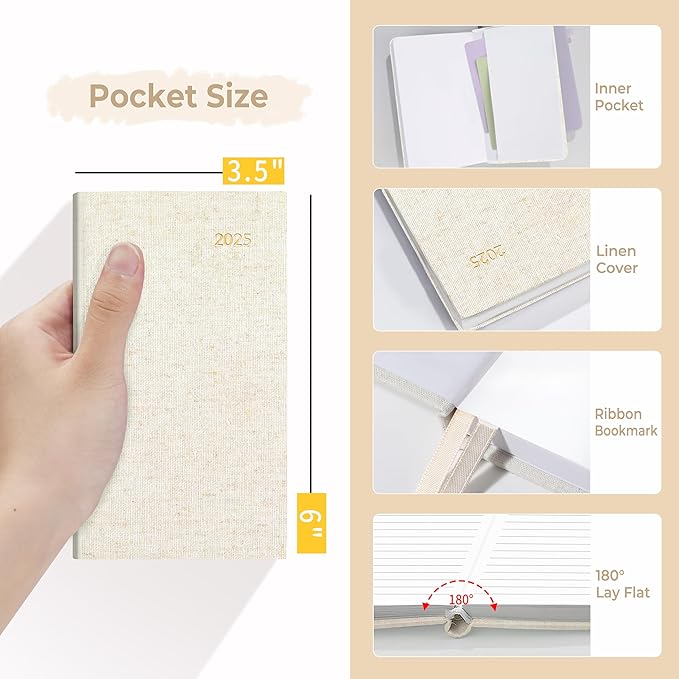 SUNEE 2025 Pocket Weekly Planner for Purse 3.5" x 6" - 12 Month (January 2025 - December 2025), Pocket Size Planner, Hardcover, Notes, Pocket, 100 GSM Paper, Beige