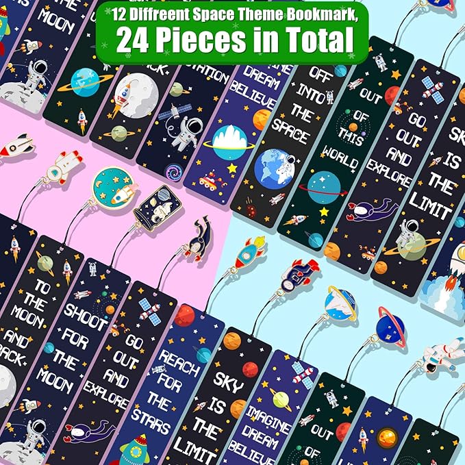 Christmas Space Theme Bookmarks with Metal Charms Planet Rocket Space Ship Theme Bookmarks Inspirational Quotes Bookmarks for Space Christmas Party Favors Gifts Kids Boys Girls Encourage(24 Pieces)