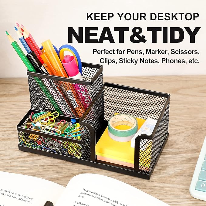MaxGear Pen Holder for Desk - Black Metal Mesh Pencil Holder with 3 Compartments, Desktop Organizer with Non-Slip Mats, Office Supplies Organizer for School, Home & Workspace