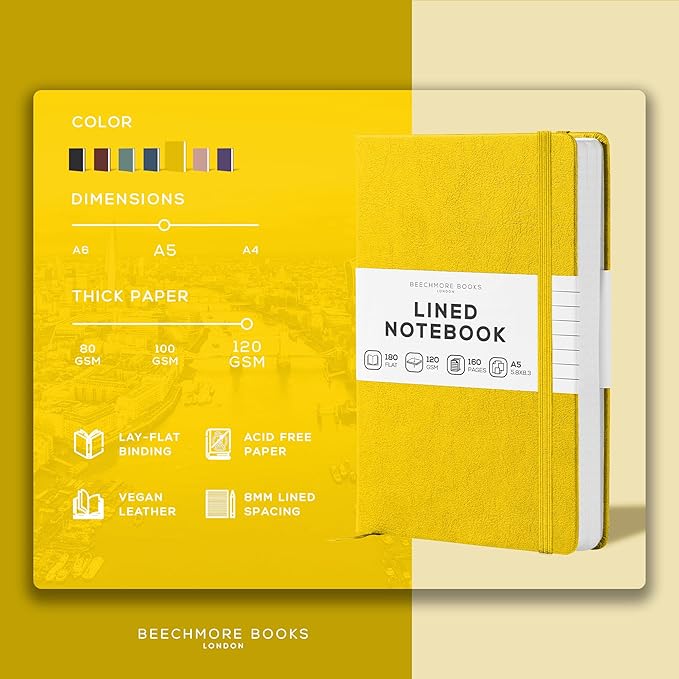 BEECHMORE BOOKS Lined Journal Notebook, 5.8 x 8.3 inch, A5 160 Lined Pages, Hardcover Leather Journals for Women, Men, Writing and Notebooks for Work - 120 GSM Thick Paper, Gifts Box Included