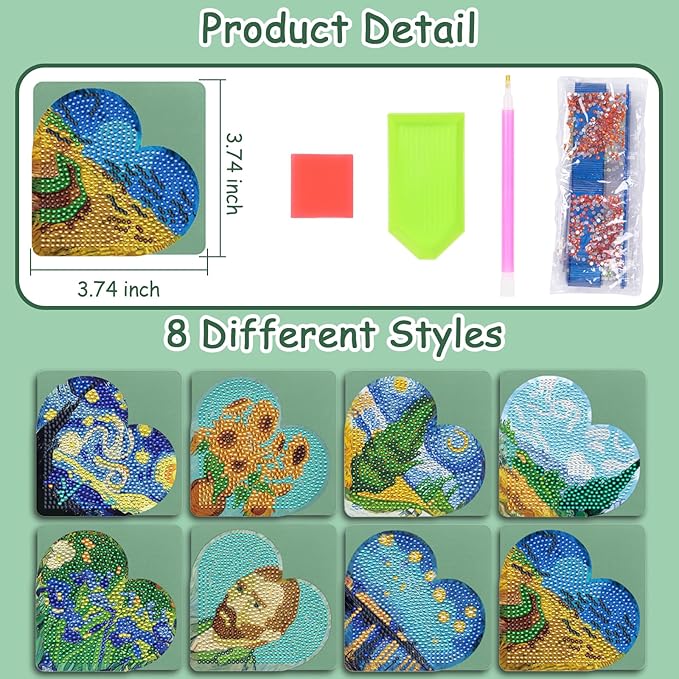 Anseal 8 Pcs Heart Diamond Art Painting Bookmark, DIY Diamond Art Bookmarks for Book Lovers for Kids Adults (Van Gogh Oil Painting Art Style)