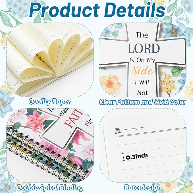 2Pack A5 Floral Cross Religious Spiral Notebooks - Bible Verses Writing Notebooks, Ruled Hardbound Lined Journal, Inspirational Christian Christmas Gift, Sunday School Supply (Pink & Blue)