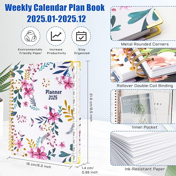 Academic Planner 2025, Daily Weekly and Monthly Planner, Jan. 2025 - Dec. 2025, Calendar Planner with Monthly Tabs, Planning Organize Notebook for Work, 8.5'' x 6.2''