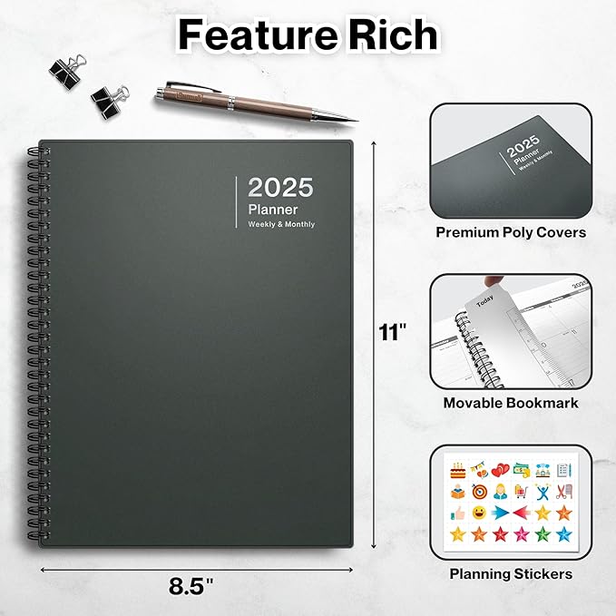 Dunwell 2025 Planner Weekly Monthly, 8.5x11 (Gray), Jan 2025 to Dec 2025 Large Yearly Planner Book with Monthly Tabs, Daily Calendar Agenda 8.5 x 11