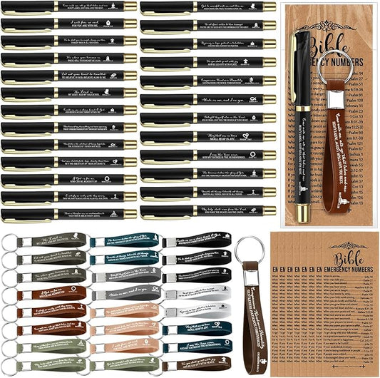25 Sets Christmas Christian Church Gifts Bulk Bible Verse Plastic Gel Pen Religious Silicone Keychains Scripture Bookmark 2''x 6'' Emergency Numbers Bible Bookmarks Gift Pastor(Black)