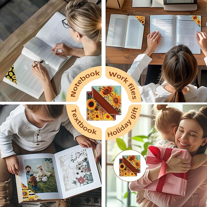 4 Pieces Leather Bookmarks, Cute Book Accessories for Reading Lovers, Page Markers for Women Men Kids Students Teachers Retirement Birthday Gift (Sunflower)