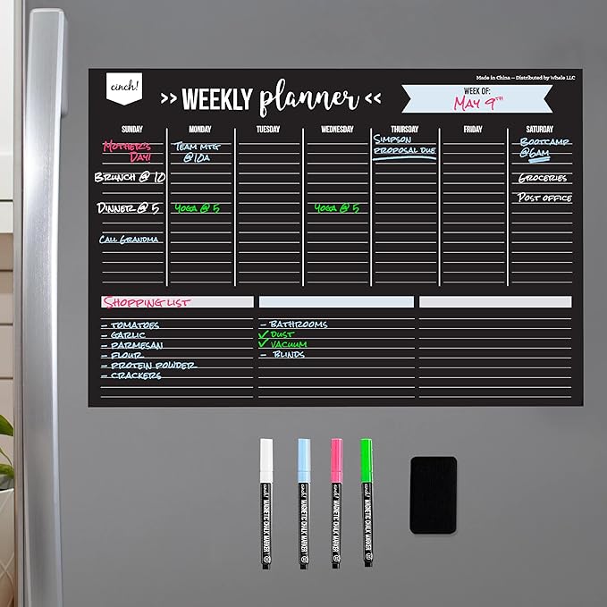 Cinch! 17x12-Inch Magnetic Dry Erase Weekly Planner for Fridge - Black Weekly Calendar Board with 4 Fine Tip Markers and Large Eraser - Magnetic Fridge Organizer, Meal Planning, and Dry Erase Board