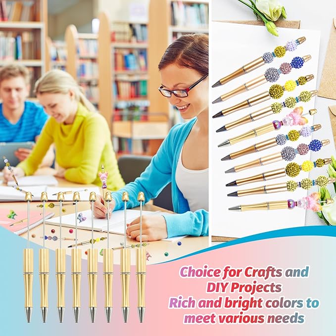 15 Pieces Beadable Pens - Beaded Pens Plastic Diy Black Ink Ballpoint Pens Bulk - Bead Pens Suitable For Teacher, Students, Office, School, Graduation Gift Supplies（Golden）