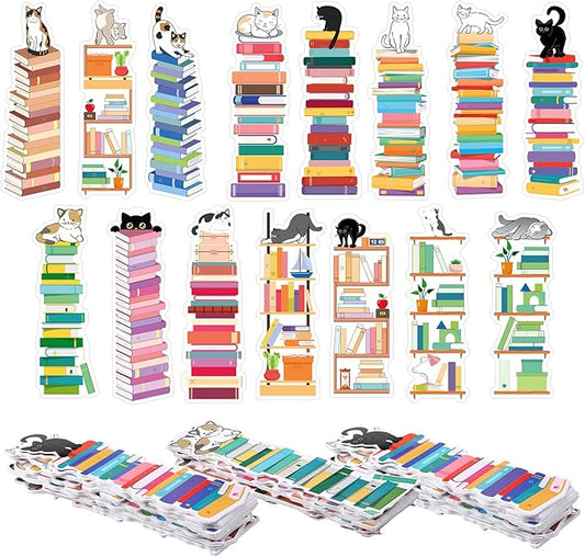 150 Pcs Book Tracker Bookmarks Bulk 6.3 x 1.97 Inch Bookshelf Design Bookmarks Paper Book Tracking Bookmark Double Sided Reading Page Markers for Book Lovers Students School (Cat)