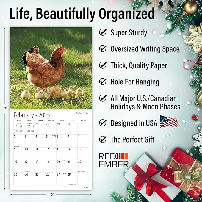 RED EMBER Chickens 2025 Wall Calendar 12 Month | 12" x 24" Open | Thick & Sturdy Paper | Giftable | Calendar 2025