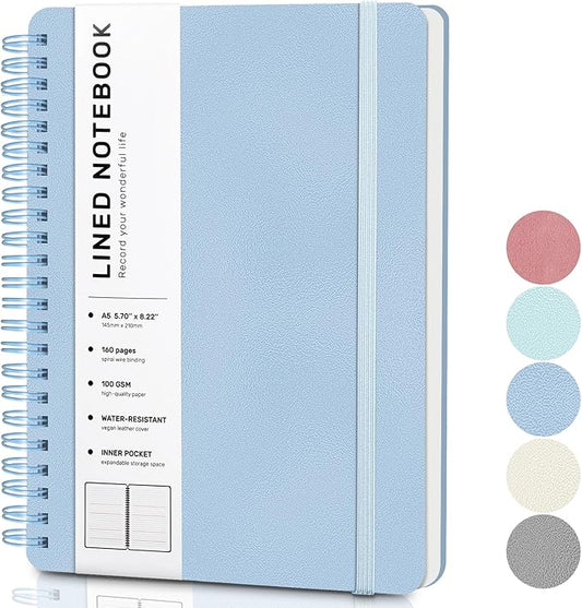 ABERLLS Blue Lined Spiral Journal Notebook with 160 Pages, 8×5.7in, A5 Spiral Notebook, Journaling Notebooks for Work, School, Women, Men, College Ruled Spiral Notebook, Hardcover Leather Journals