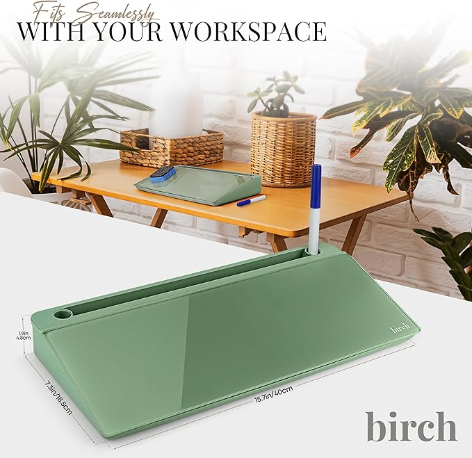 Birch Desktop Whiteboard with Storage & Multiple Markers Surface Desktop Glass Dry Erase Board Desk Top White Board Dry Erase Notepad Desk White Board Tabletop Desk Whiteboard (Moss)