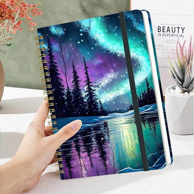 Spiral Notebook - A5 Spiral Notebooks, 8.3'' × 5.8'', 160 Pages, Aesthetic Journaling Notebooks for Women, College Lined Notebook with Elastic Closure, Back Pocket, for School Office, Starlit sky