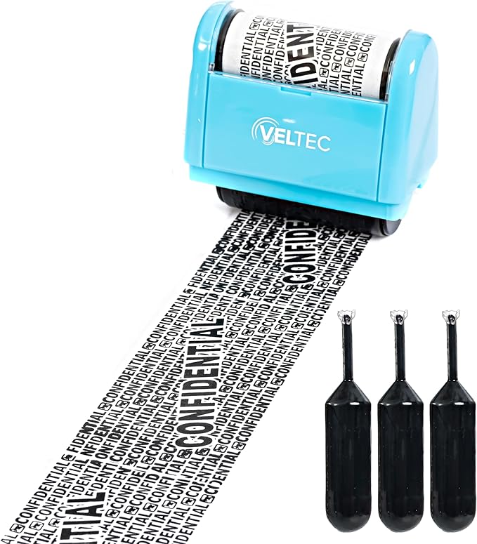 Veltec ID Protector Ink Roller - Identity Theft Protection Roller Stamp Set (Blue, Stamp+3 Refills)