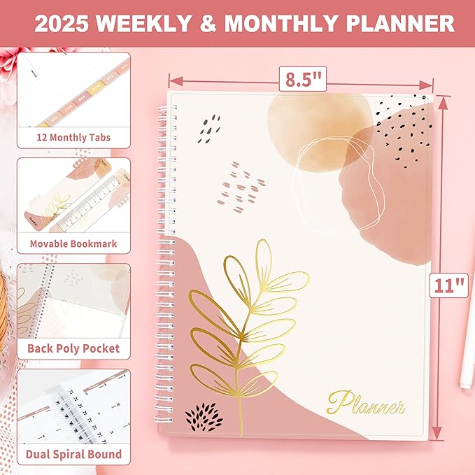 SUNEE 2025 Weekly and Monthly Planner - from January 2025 - December 2025, 8.5"x11" Daily Agenda Planner with Monthly Tab, Flexible Cover, Note Pages, Pockets, Bookmark, Spiral Binding, Pink Breeze