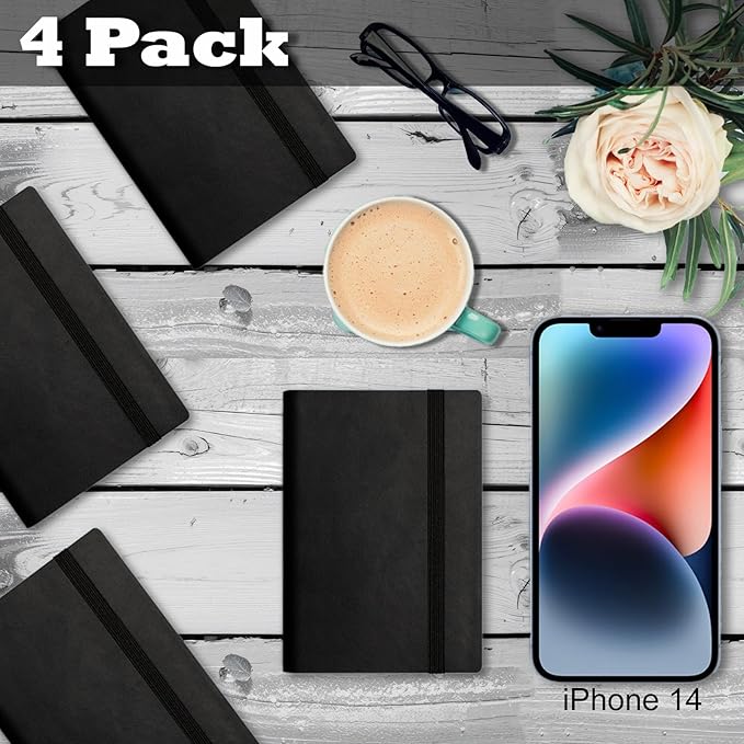 4 Pack Pocket Notebook Small Notebook, 3" x 4.4" Journal Notebook Hardcover with Thick Lined Paper, 200 Pages Leather Cover Mini Journal Notepad (Black)