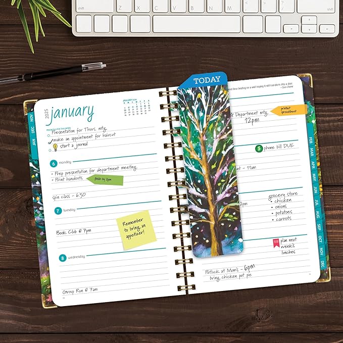 HARDCOVER 2025 Planner, 5.5"x8": 14 Months (November 2024 - December 2025), Daily Weekly Monthly Planner, Yearly Agenda, Bookmark, Pocket Folder and Sticky Note Set (Black Tree Seasons)