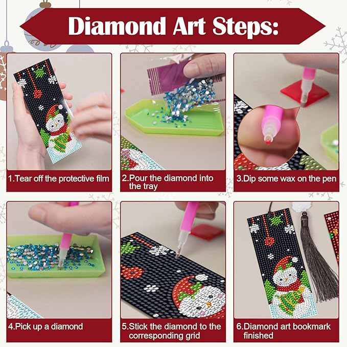 Anseal Christmas Diamond Painting Bookmarks for Book Lovers, Rhinestone PU Leather Diamond Art Bookmark for Women Girls, Tassel Beaded Book Mark for Graduation Birthday Christmas Reading Present