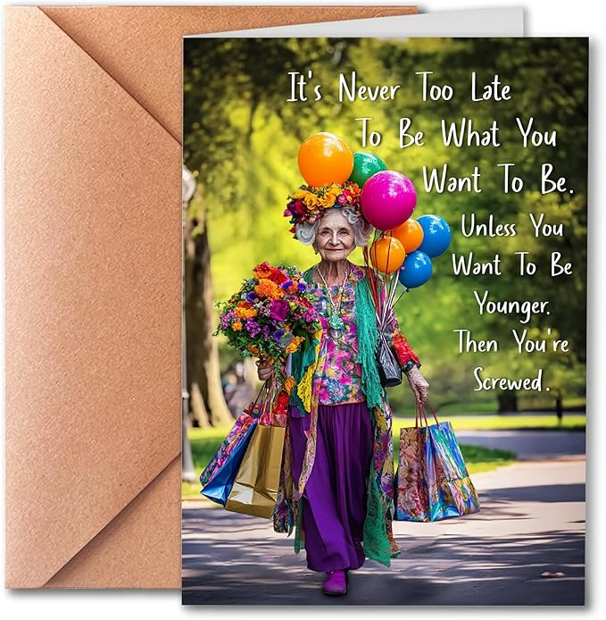 Funny Birthday Card for Old Women, 60th-90th Birthday Greeting Card, Modern Style, 5x7 inches, Blank Inside, Envelope Included