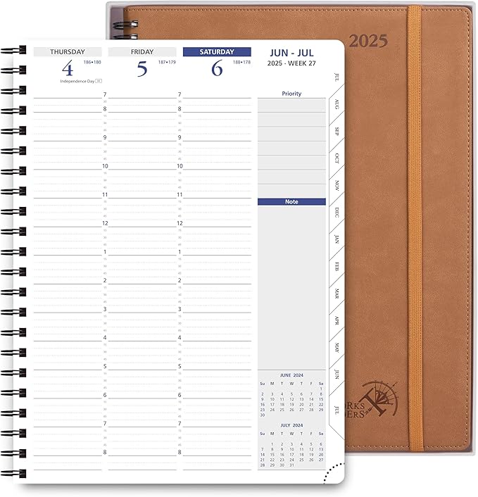 POPRUN 2025 Weekly Planner Spiral Bound with Monthly Tabs 8.5" x 11", Quarter-Hourly Appointment Book with PU Leather Soft Cover, Dual Pockets, Gift Box, Sunday Start - Brown