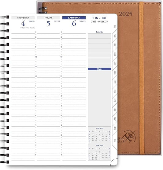 POPRUN 2025 Weekly Planner Spiral Bound with Monthly Tabs 8.5" x 11", Quarter-Hourly Appointment Book with PU Leather Soft Cover, Dual Pockets, Gift Box, Sunday Start - Brown