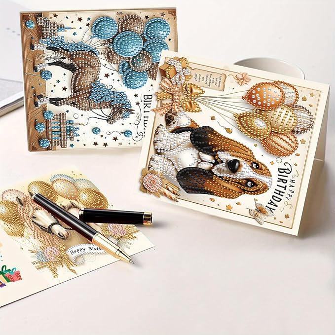 Tontut 6 Pieces Diamond Art Painted Greeting Cards, Horse Puppy Balloon 5D DIY Special Shape Diamond Card Creative Gifts, Christmas Thanksgiving Greeting Card Congratulation