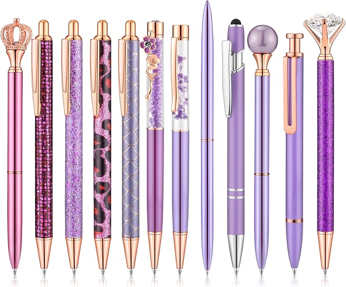 BESARME 12 Pcs Purple Pens Set, Purple Gifts for Women Mother's Day Gifts Crystal Diamond Ballpoint Pens Retractable Glitter Fancy Pens for Journaling Offices Schools