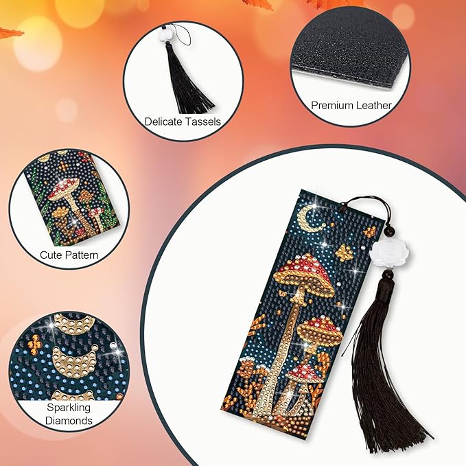Anseal 3 Pcs 5D Diamond Bookmarks Painting for Book Lovers, Mushroom PU Leather Diamond Dotz Art Bookmark for Adults, Tassel Beaded Book Mark for Graduation Birthday Reading Present
