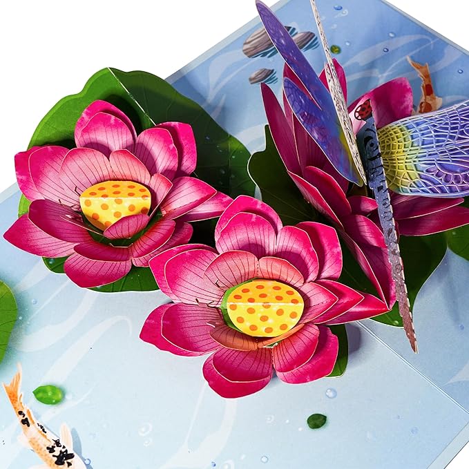 Dragonfly and Lotus Pop Up Card, Greeting Card for Various Occasions, Modern Floral Design, Perfect for Birthdays, Weddings, Get Well, Thinking of You, Mother's Day