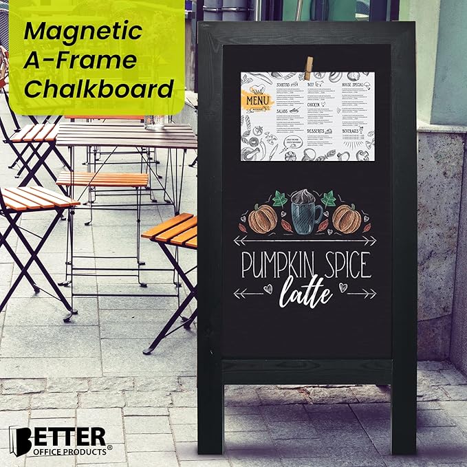 Better Office Products Magnetic A-Frame Chalkboard Sign, Extra Large 20" x 40", Standing Chalkboard Easel, with Chalk Marker + Chalk & Eraser, Sandwich Board Outdoor Sidewalk Sign,(Black)