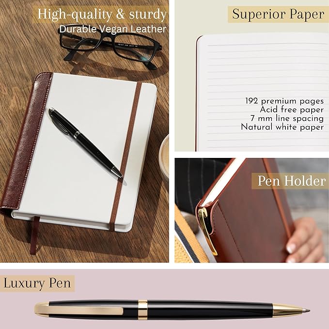 SETTINI® Lined Journal - Modern White Journal for Writing Gift Set - Hardcover Vegan Leather, Includes Luxury Pen in a Unique Pen Holder, 192 Pages, 6 x 8.5 inches, Birthday Gifts