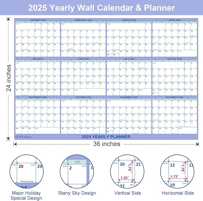 24" x 36" 2025 Wall Calendar, Folded Wet & Dry Erase Wall Calendar 12 Month, Annual Yearly Planner Yearly Laminated Calendar 2025 Horizontal/Vertical, with Julian Dates