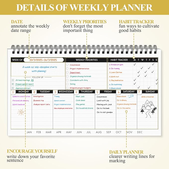 Weekly Planner, Black Undated Planner with Habit Tracker & Weekly Priorities, 6.3'' x 11.2'', To Do List Notebook with Dotted Pages for Organizing