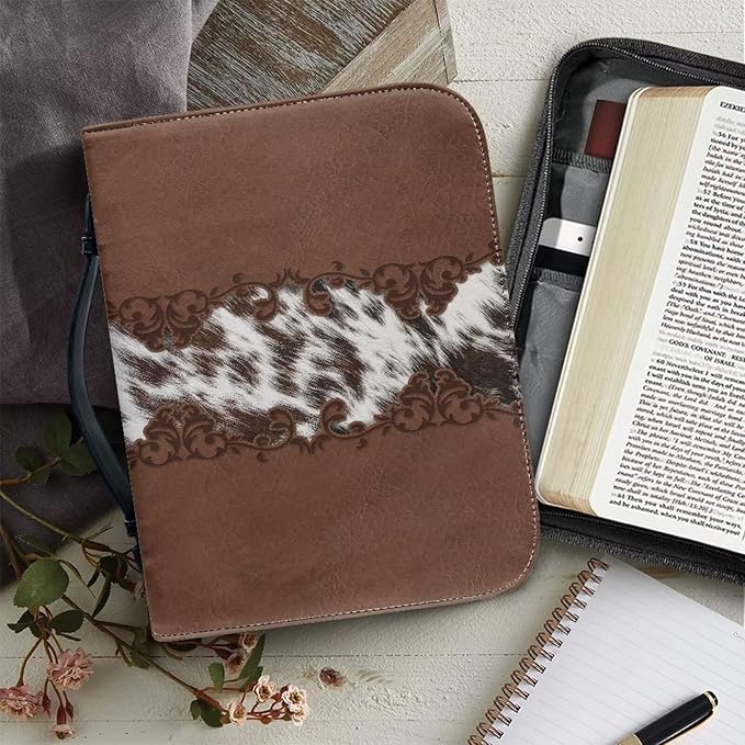 Vintage Cow Print Leather Bible Cover Bible Cover Cases for Church Studying Pouch Bible Tabs Carrier Pen Holder Multi Pocket Bible Bag