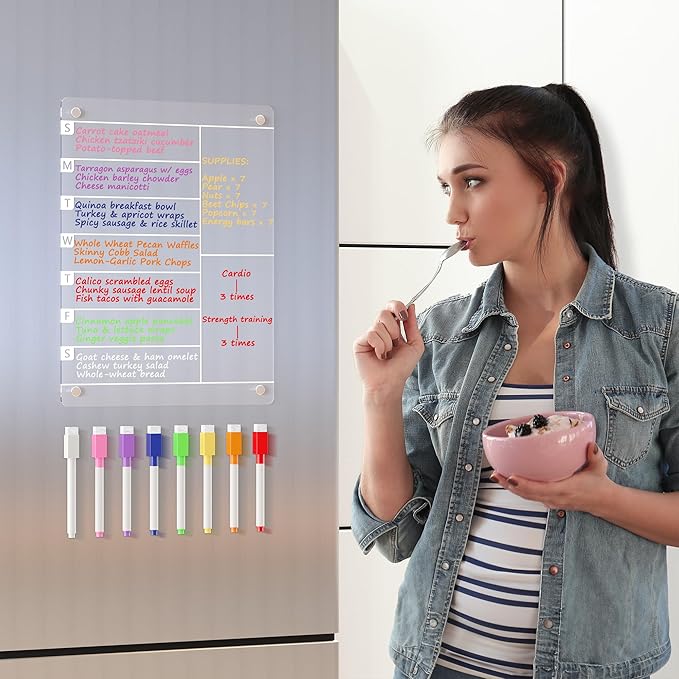 Acrylic Magnetic Meal Planner Menu Board for Kitchen Fridge w/ 8 Markers, Clear Refrigerator Weekly Dry Erase Calendar Planning Noteboard to Do/Grocery/Shopping List/Chore Chart/, 12"x9"